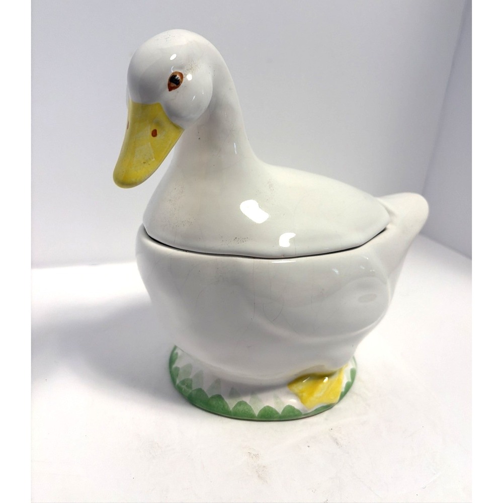 Vintage Ceramic White Goose/Duck Cookie Jar Compote Cottage Core Portugal